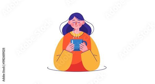 Woman enjoying a warm cup of beverage, feeling cozy and relaxed in a peaceful moment of self-care and tranquility