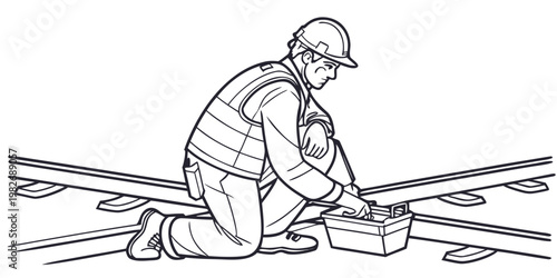 Railway technician kneeling to inspect railroad tracks with safety vest hard hat technician maintenance inspecting railroad engineer infrastructure industry professional construction