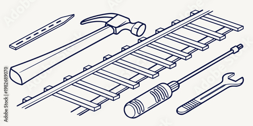 Set of engineering and construction tools with railroad tracks section railroad screwdriver construction maintenance engineering industry equipment infrastructure hardware technician