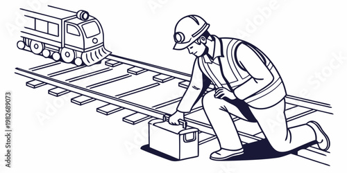 Railway maintenance worker inspecting tracks near approaching train with safety vest hard hat maintenance inspector construction professional industry locomotive engineer infrastructure