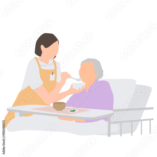 高齢者に食事介助をする介護スタッフのイラスト