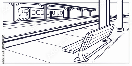 Train waiting at railway station platform in black and white outline sketch style with platform transport transportation terminal departure illustration monochrome perspective structure