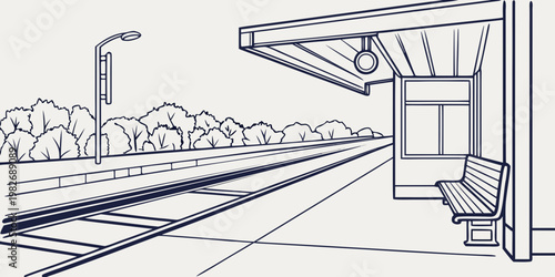 Empty railway platform with bench and lighting at a train station in line art perspective platform transportation infrastructure architecture lighting traveling perspective terminal
