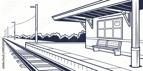 Empty train platform with bench and railway tracks black and white outline illustration platform transport infrastructure architecture transportation terminal outdoors perspective