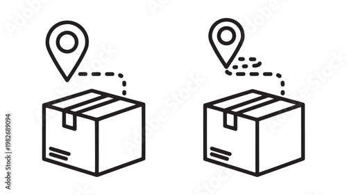 Modern outline icons illustrating package tracking and delivery logistics with location pin markers, symbolizing efficient shipping and parcel management services.