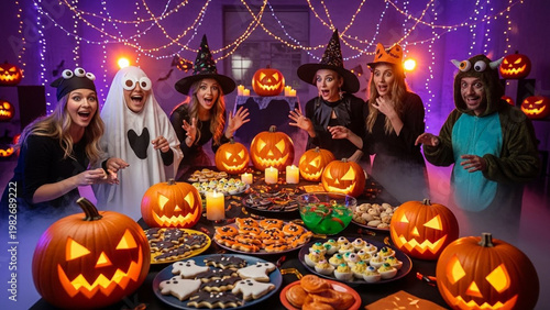 Excited friends in fun Halloween outfits reacting to a table filled with spooky themed snacks and glowing pumpkins.