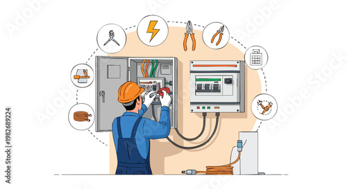 Electrician working on electrical panel, circuit breaker installation, safety.