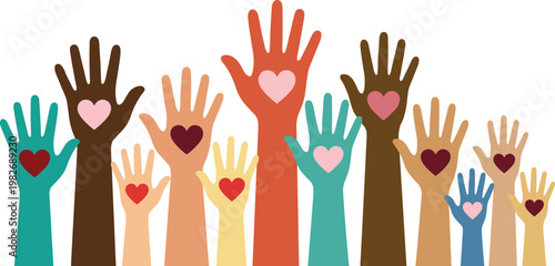 Diverse colorful hands raised up with heart shapes in palms representing community support volunteering charity love cooperation unity hope kindness teamwork and racial equality.