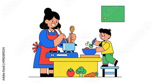 Joyful Family Cooking Experience Mother and Son Prepare a Healthy Meal Together in a Modern Kitchen Setting with Fresh Ingredients and Laughter