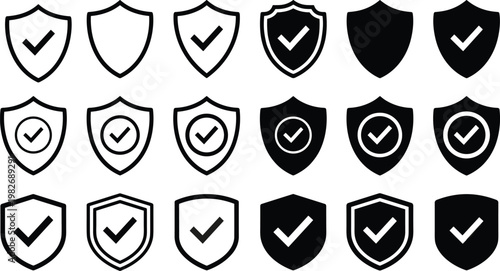Schilderij op canvas Set of universal shield icons featuring check mark symbols for security protection verified safety data privacy insurance trust and guaranteed quality control vector elements