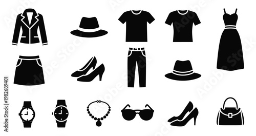 Collection of black and white fashion icons including clothing, footwear, and accessories