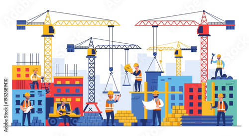 Building construction site with cranes, workers, and unfinished buildings under a clear sky
