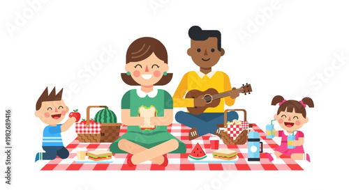 Cheerful Multiethnic Family Enjoying a Relaxing Summer Picnic Outdoors with Delicious Food and Live Ukulele Music, Celebrating Togetherness and Joyful Moments in Nature