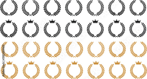 Laurel Wreath Icon Set Featuring Gold and Black Wheat Branches Olive Leaves and Crown Symbols for Award Ceremony Championship Winner and Success Achievement Branding.