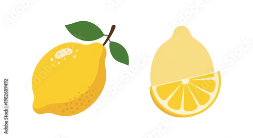 Bright and refreshing vector illustrations of whole and half-cut lemons, showcasing juicy citrus fruit perfect for summer drinks, healthy recipes, or decorative design elements