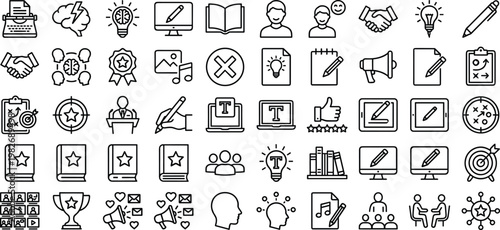 Copywriting and Content Creation Icon Set Featuring Creative Writing Tools Storytelling Symbols Blog Marketing Elements and Business Communication Graphics for Professional Digital Media Design.