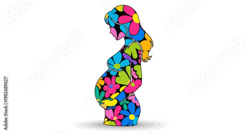 Vibrantly patterned silhouette of an expectant mother, intricately adorned with a rich floral design, symbolizing the beauty of pregnancy, new beginnings, and the journey into motherhood