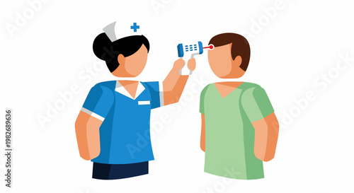 Healthcare worker measures patient's body temperature with a non-contact infrared thermometer, illustrating medical screening for fever symptoms for illness prevention