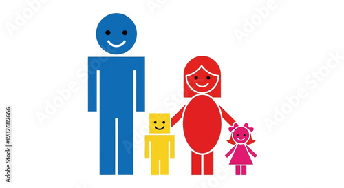 Vibrant stick figure family icon depicting a cheerful group of four a father, a mother, and their two happy children, symbolizing unity and growth within a household