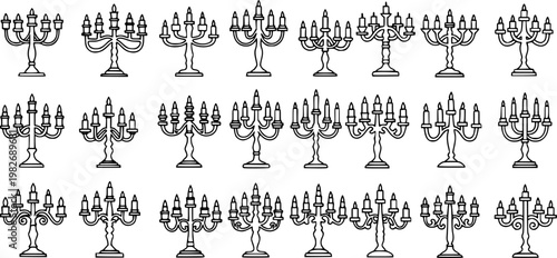 Black and white line art illustration of various candelabras, vector graphic