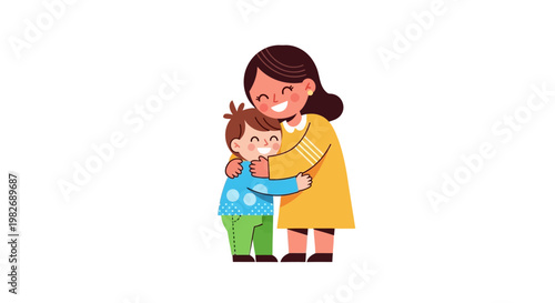 Warm and tender embrace between a loving mother and her happy child, illustrating profound affection, family bonding, and heartfelt connection in a colorful illustration