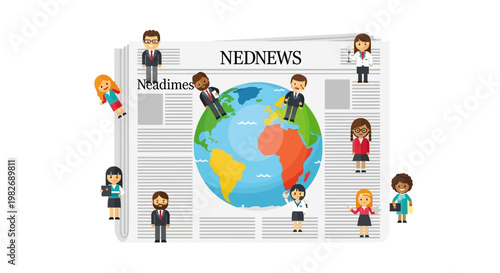Diverse professionals connected by a global news network, symbolizing worldwide information sharing and media influence