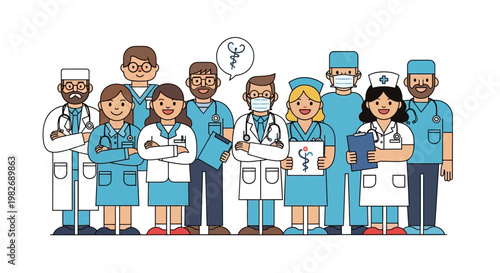 Group of Doctors and Medical Professionals Posing Together with Stethoscopes and Medical Symbols, Representing Healthcare and Medical Teamwork