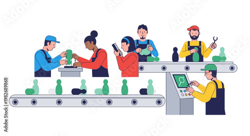 Workers on a production line assembling products on a conveyor belt in a factory setting