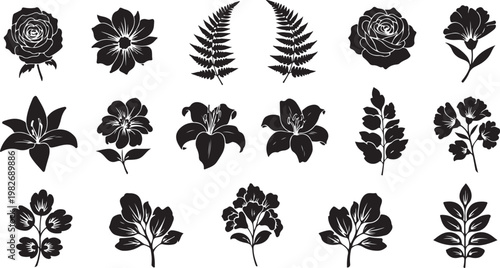 Collection of black floral silhouettes on white background