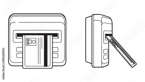 Line art illustration of a smart card reader device with a credit card inserted, depicting secure electronic payment and data access technology.
