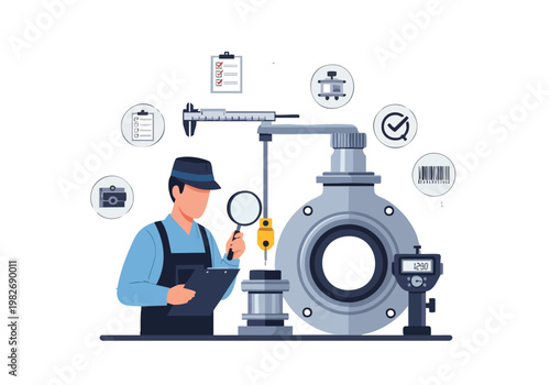 Quality Control Inspector Checking Industrial Valve with Magnifying Glass