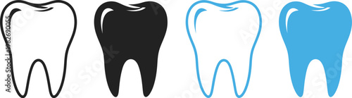 Four tooth illustrations white black outline and blue with gradient silhouette