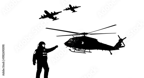 Air Traffic Controller Directs Helicopter and Airplanes in Silhouette