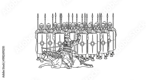 Ancient Roman Legionaries formation with cavalry leader, historical illustration
