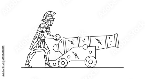 Ancient Roman soldier loading cannon with cannonball, historical warfare concept
