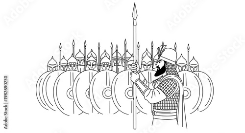 Ancient Warrior Leader with Spear and Shield Formation of Soldiers, Black and White Line Art