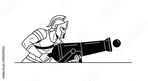 Ancient Warrior Firing Cannon, Historical Warfare, Siege Weaponry, Black and White Illustration
