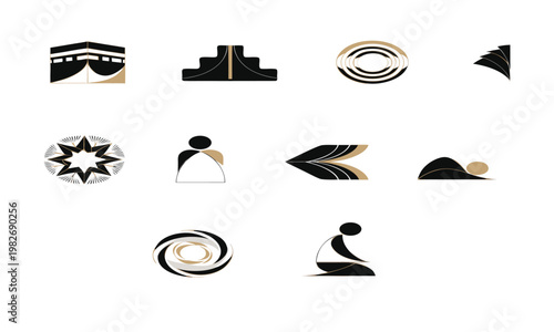 An arrangement of nine abstract geometric designs in black and white with gold accents evoking spiritual and cultural symbolism high quality professional detailed modern elegant stylish