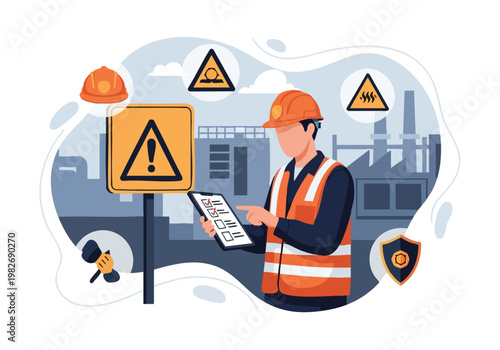 Industrial Safety Inspection. Worker with Tablet. Warning Signs. Factory Background.