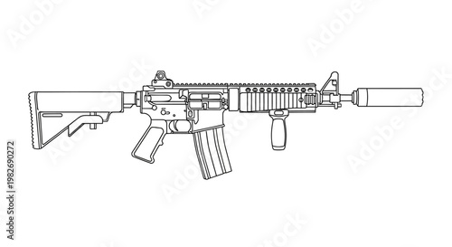 Assault Rifle with Silencer, Tactical Weapon Line Art Illustration