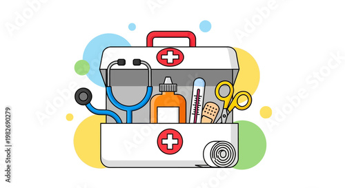 Comprehensive First Aid Kit Illustration Featuring Essential Medical Supplies for Emergency Preparedness and Immediate Health Care Response