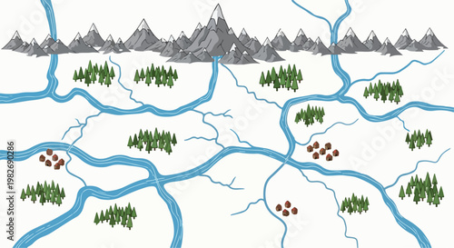 Fantasy world map creator vector, hand drawn adventure map with mountains and rivers, tabletop gaming landscape background, vintage cartography art