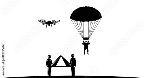 Drone Delivers Parachutist and Supplies to Military Team on Ground