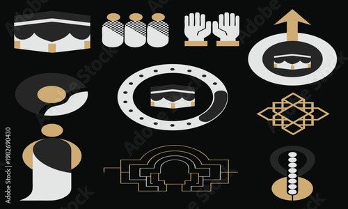 A collection of stylized geometric icons representing islamic pilgrimage symbols and architectural elements primarily in black and gold high quality professional detailed modern elegant stylish clean