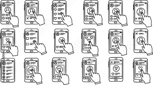 Line Art Mobile Dating and Social Media App Interaction. Hands Tapping Smartphone Screens, Liking, Disliking, and Scrolling User Profile Interface Icons.