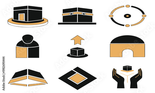 A collection of stylized islamic icons depicting the kaaba prayer and pilgrimage symbols in a minimalist design high quality professional detailed modern elegant stylish clean crisp