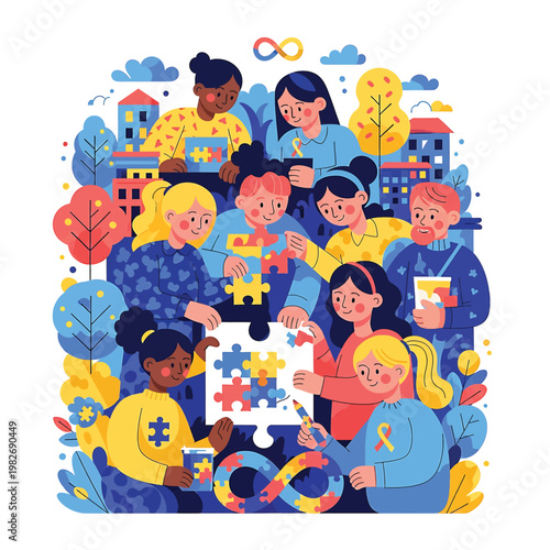 Diverse group of people solving puzzle.