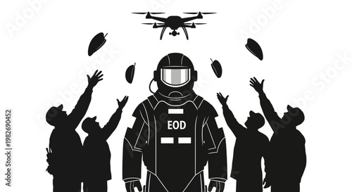 EOD robot drone dropping items on bomb disposal expert surrounded by people