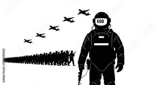 EOD soldier protects soldiers and planes from threat, military concept