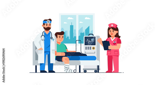 Medical professionals attending to a patient with a broken leg, undergoing a diagnostic examination with advanced medical equipment in a hospital room